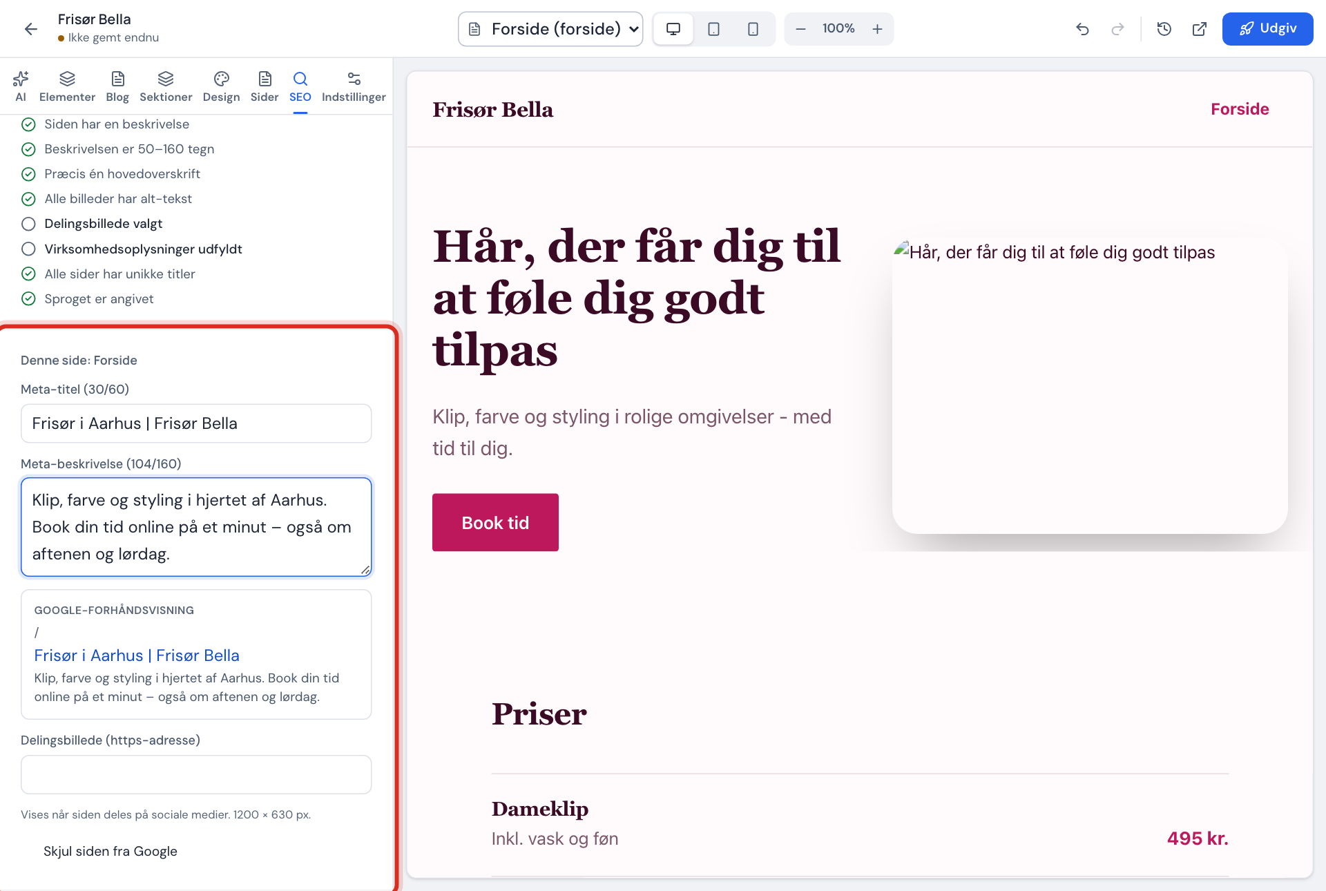 SEO-fanen: afsnittet Denne side med Meta-titel, Meta-beskrivelse og Google-forhåndsvisning udfyldt