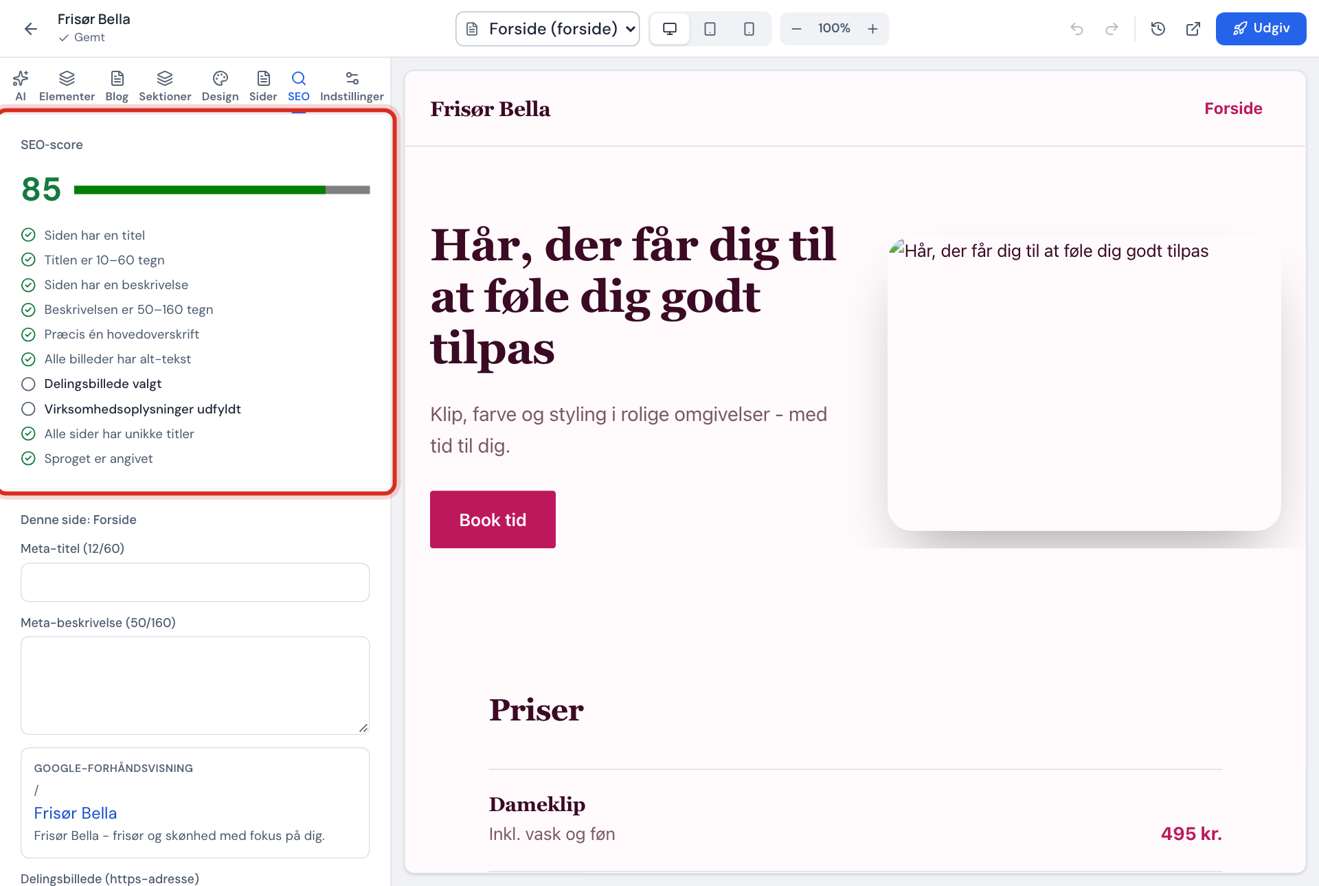 Hjemmesidebyggerens SEO-fane med SEO-score og tjeklisten markeret