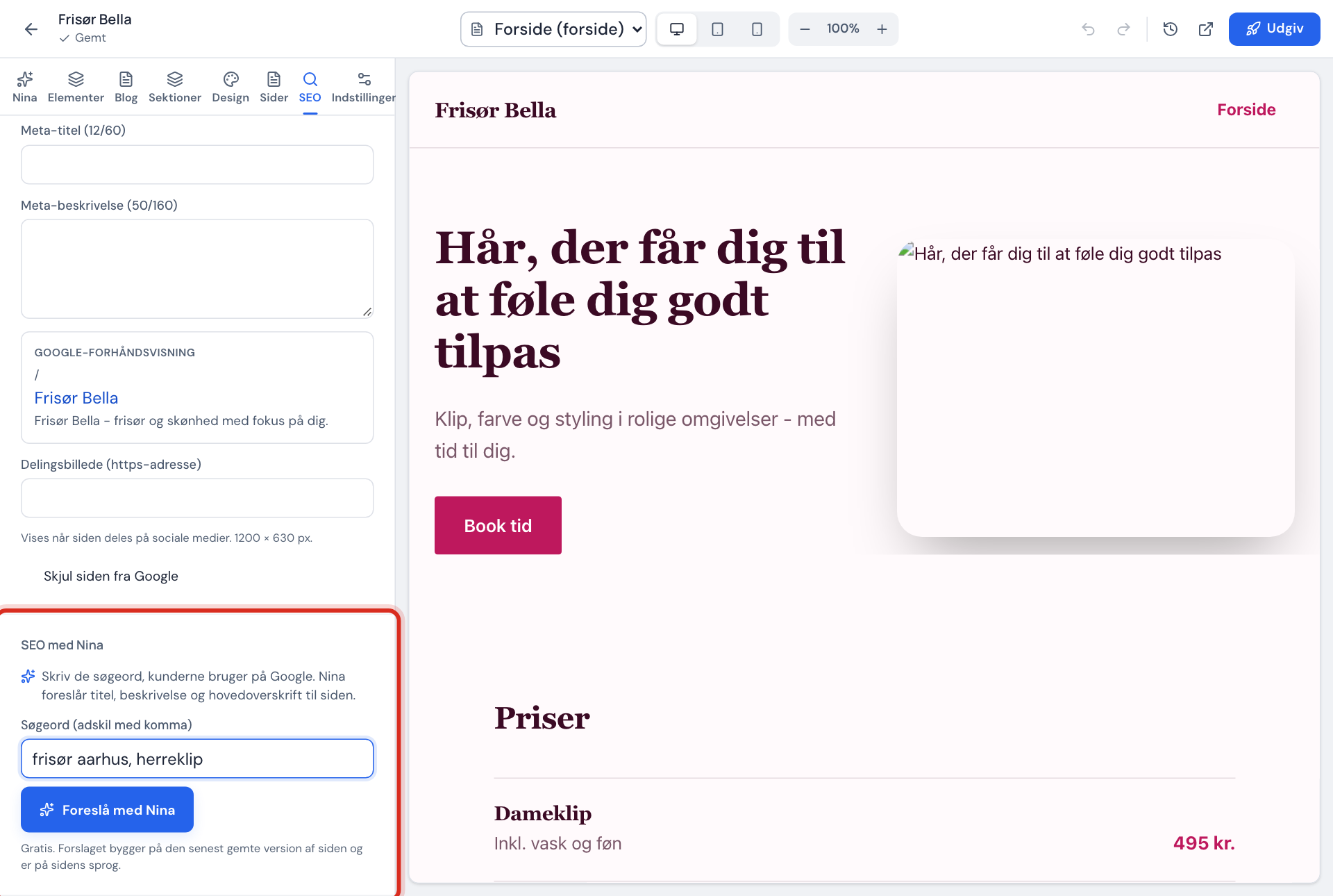 SEO-fanen: afsnittet SEO med Nina med søgeord udfyldt og knappen Foreslå med Nina