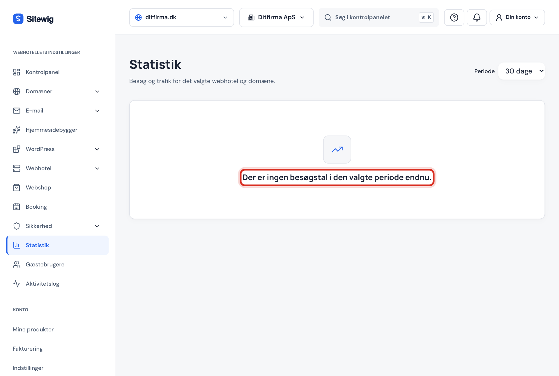 Statistik-siden uden data med teksten Der er ingen besøgstal i den valgte periode endnu.