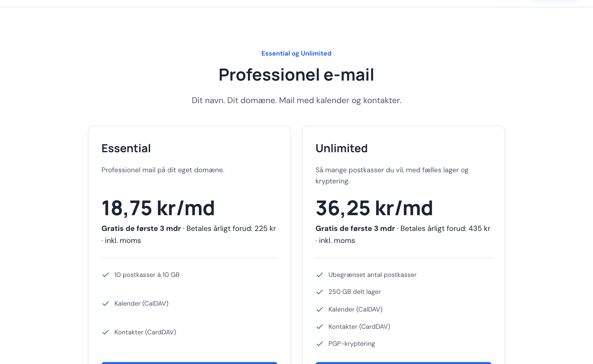 Prissiden med e-mailpakkerne Essential og Unlimited