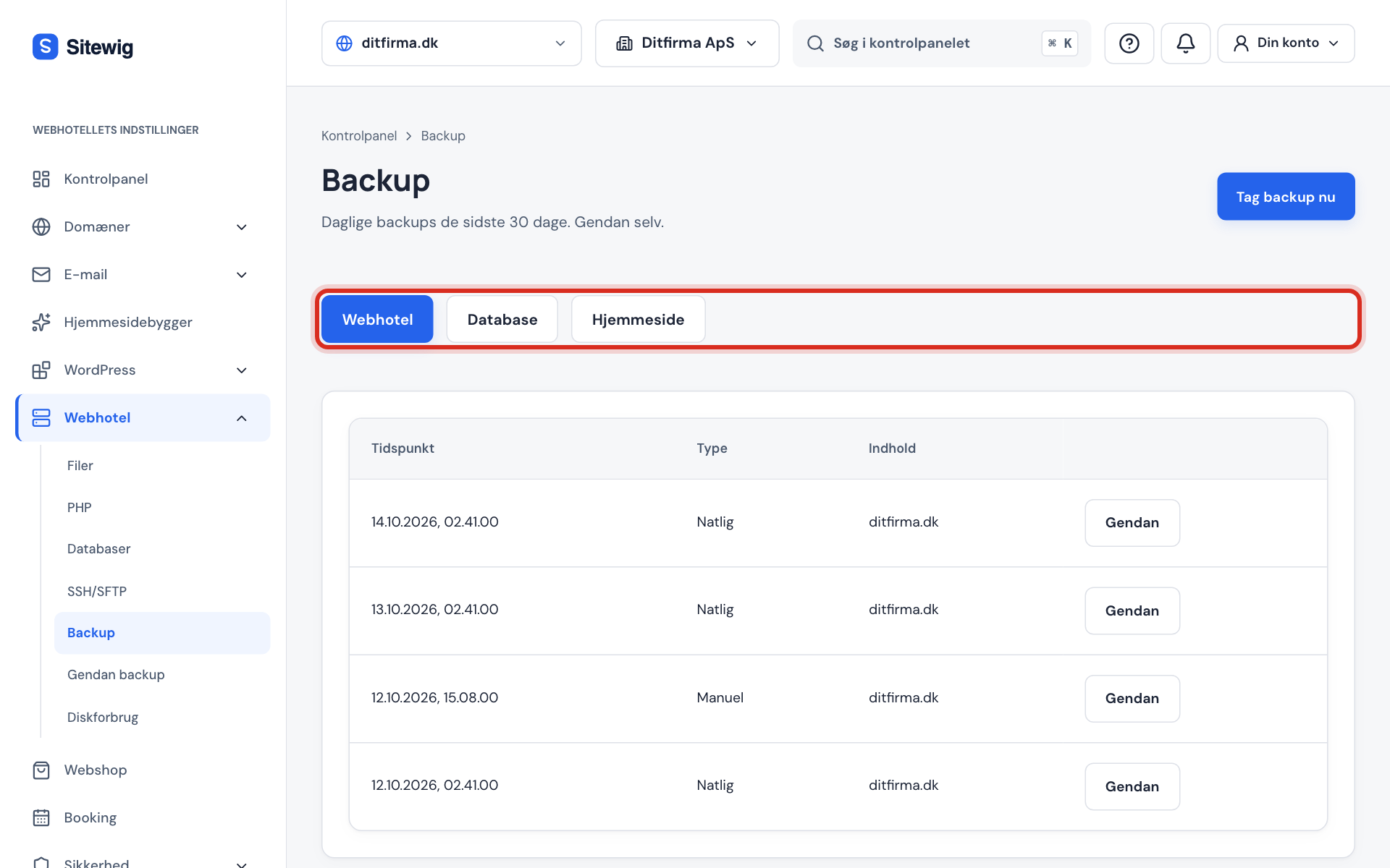 Siden Backup med fanerne Webhotel, Database og Hjemmeside og listen med natlige og manuelle backups