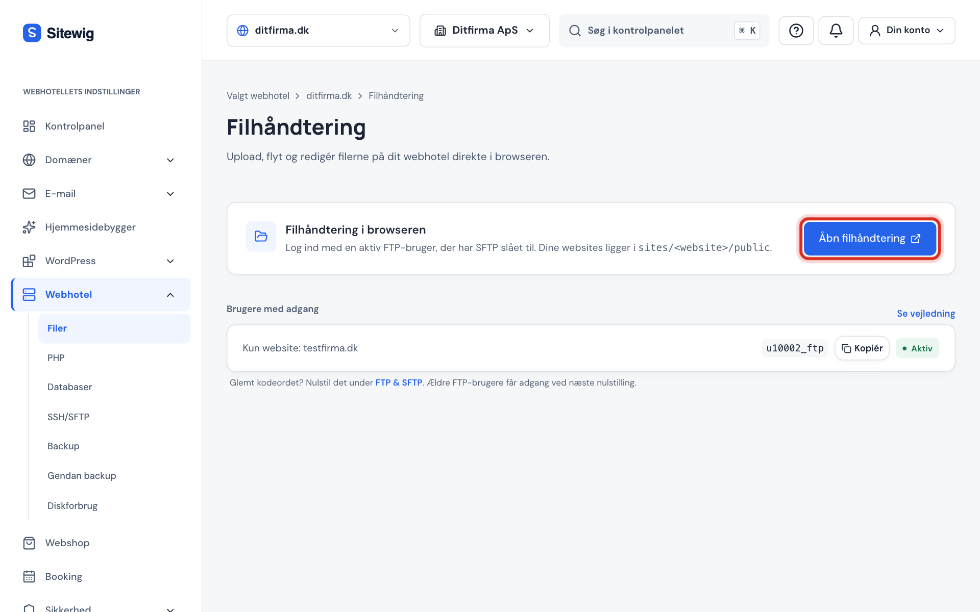 Kontrolpanelet: siden Filhåndtering med knappen Åbn filhåndtering markeret