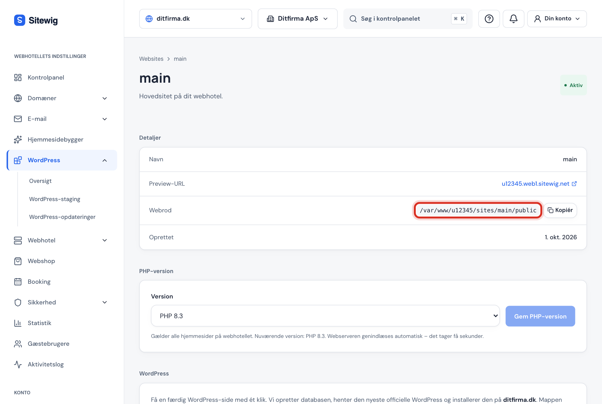 Websitet main med Detaljer: Preview-URL og Webrod /var/www/u12345/sites/main/public markeret