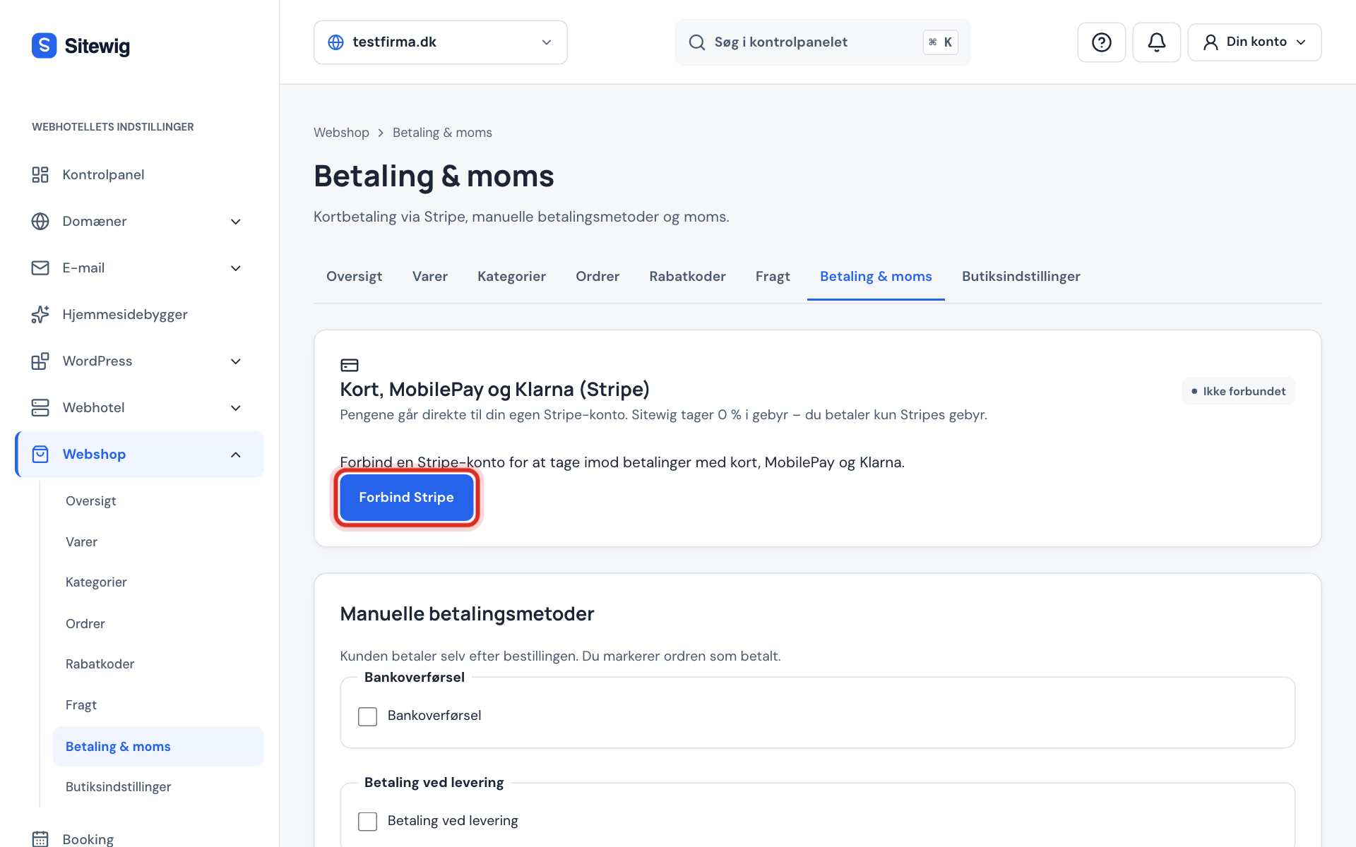 Webshop → Betaling & moms med status Ikke forbundet og knappen Forbind Stripe markeret