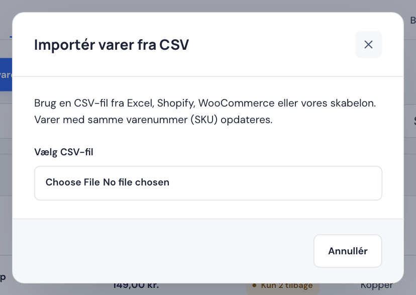 Vinduet Importér varer fra CSV med knappen Vælg CSV-fil