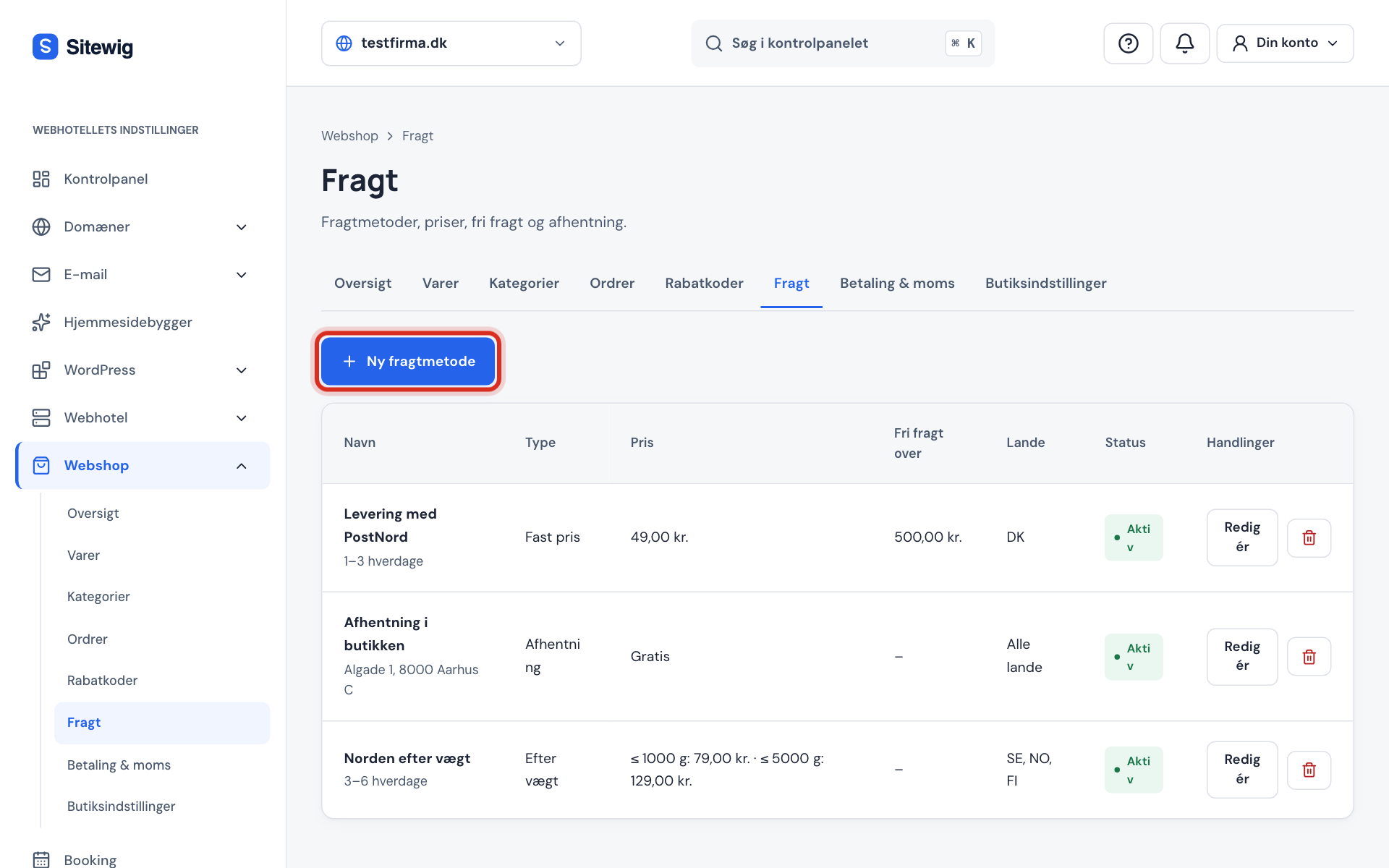 Webshop → Fragt med fast pris, afhentning og en metode efter vægt samt knappen Ny fragtmetode