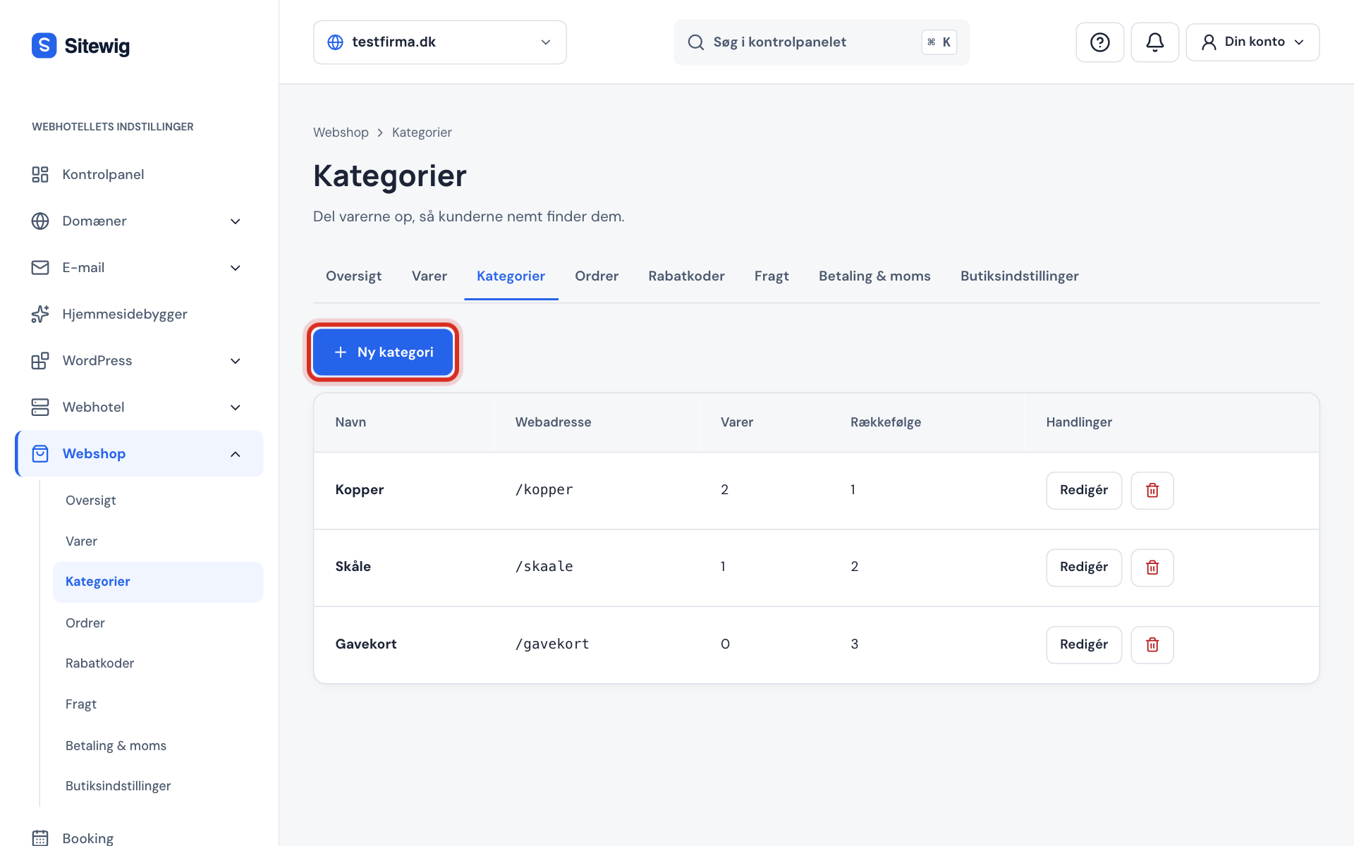 Webshop → Kategorier med tre kategorier, deres rækkefølge og knappen Ny kategori markeret