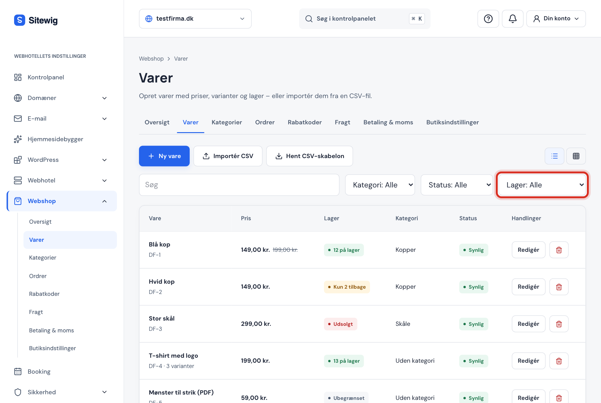 Webshop → Varer med filteret Lager markeret og lagerstatus Kun 2 tilbage og Udsolgt i listen