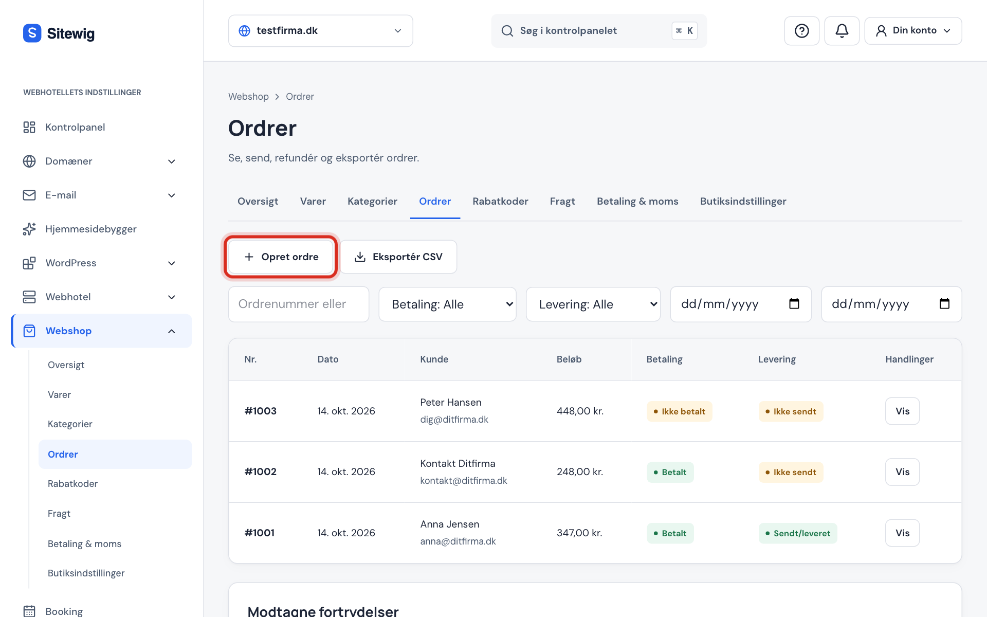 Webshop → Ordrer med filtre for betaling og levering, tre ordrer og knappen Opret ordre