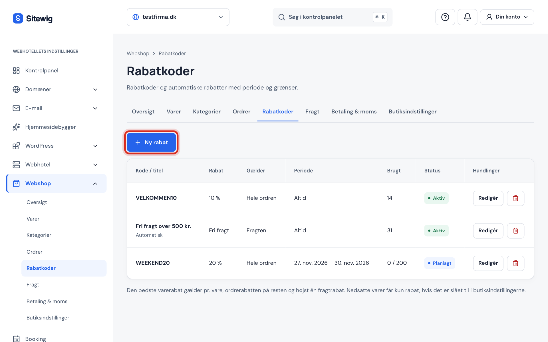 Webshop → Rabatkoder med en rabatkode, en automatisk rabat og en planlagt weekendkode