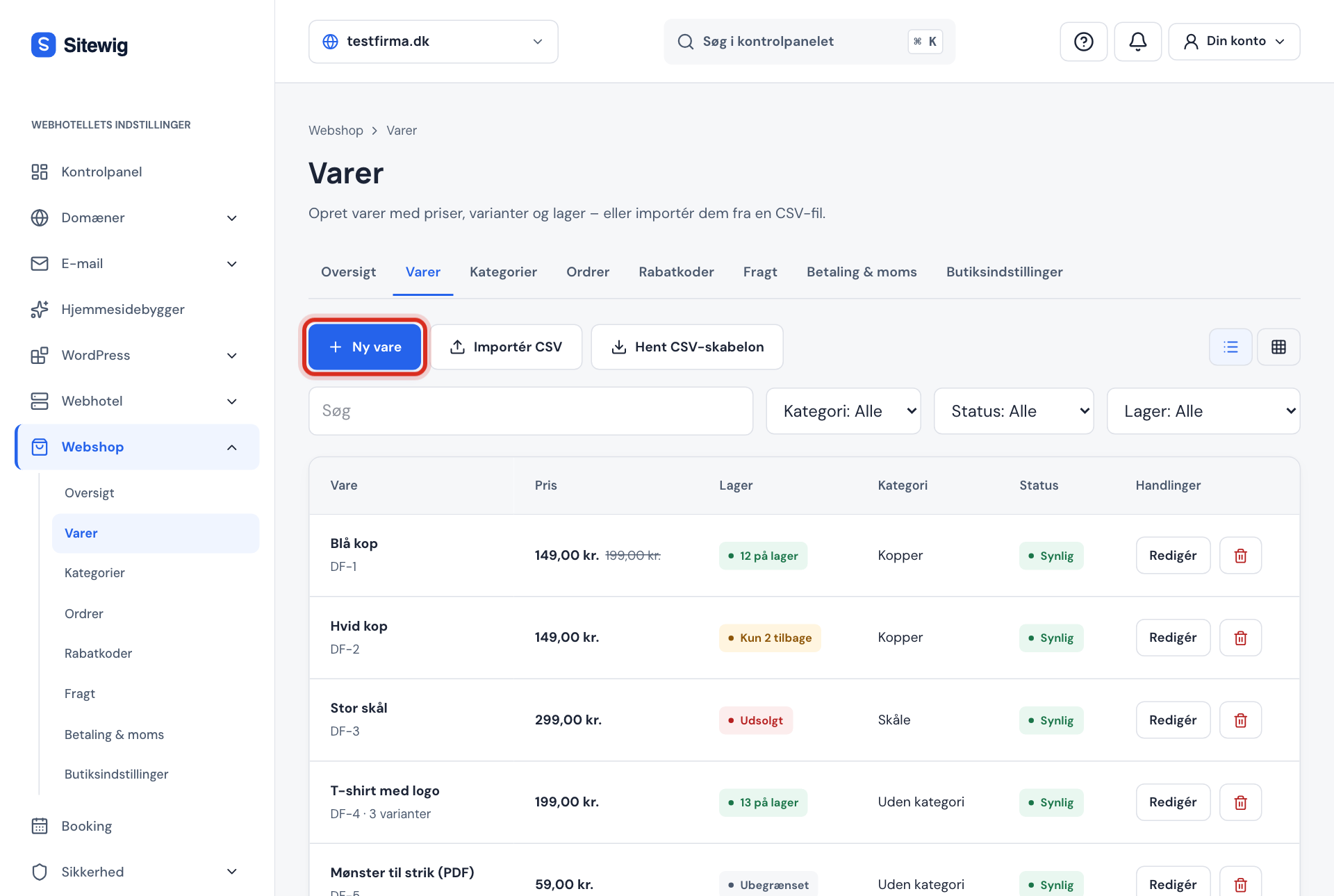 Webshop → Varer i listevisning med pris, overstreget førpris, lagerstatus og knappen Ny vare markeret