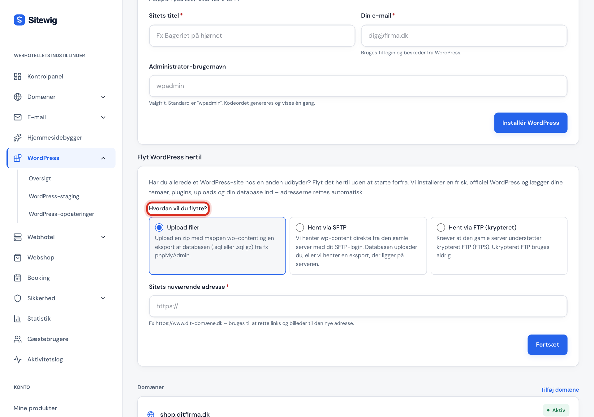 Kortet Flyt WordPress hertil med valgene Upload filer, Hent via SFTP og Hent via FTP