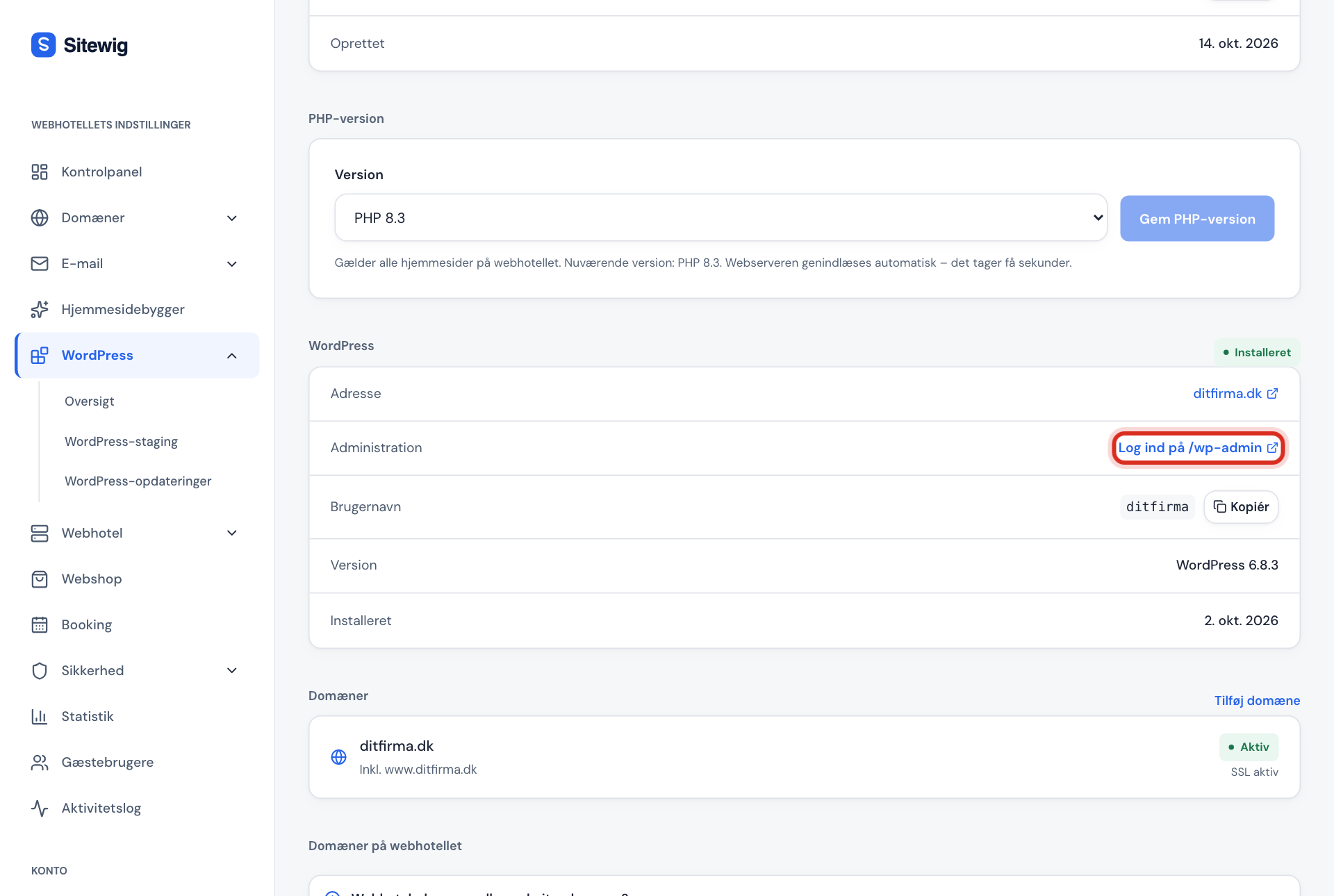 Afsnittet WordPress på websitets side med Adresse, linket Log ind på /wp-admin markeret, Brugernavn, Version og Installeret