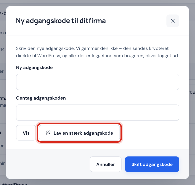 Vinduet Ny adgangskode til ditfirma med felterne Ny adgangskode og Gentag adgangskoden og knappen Lav en stærk adgangskode