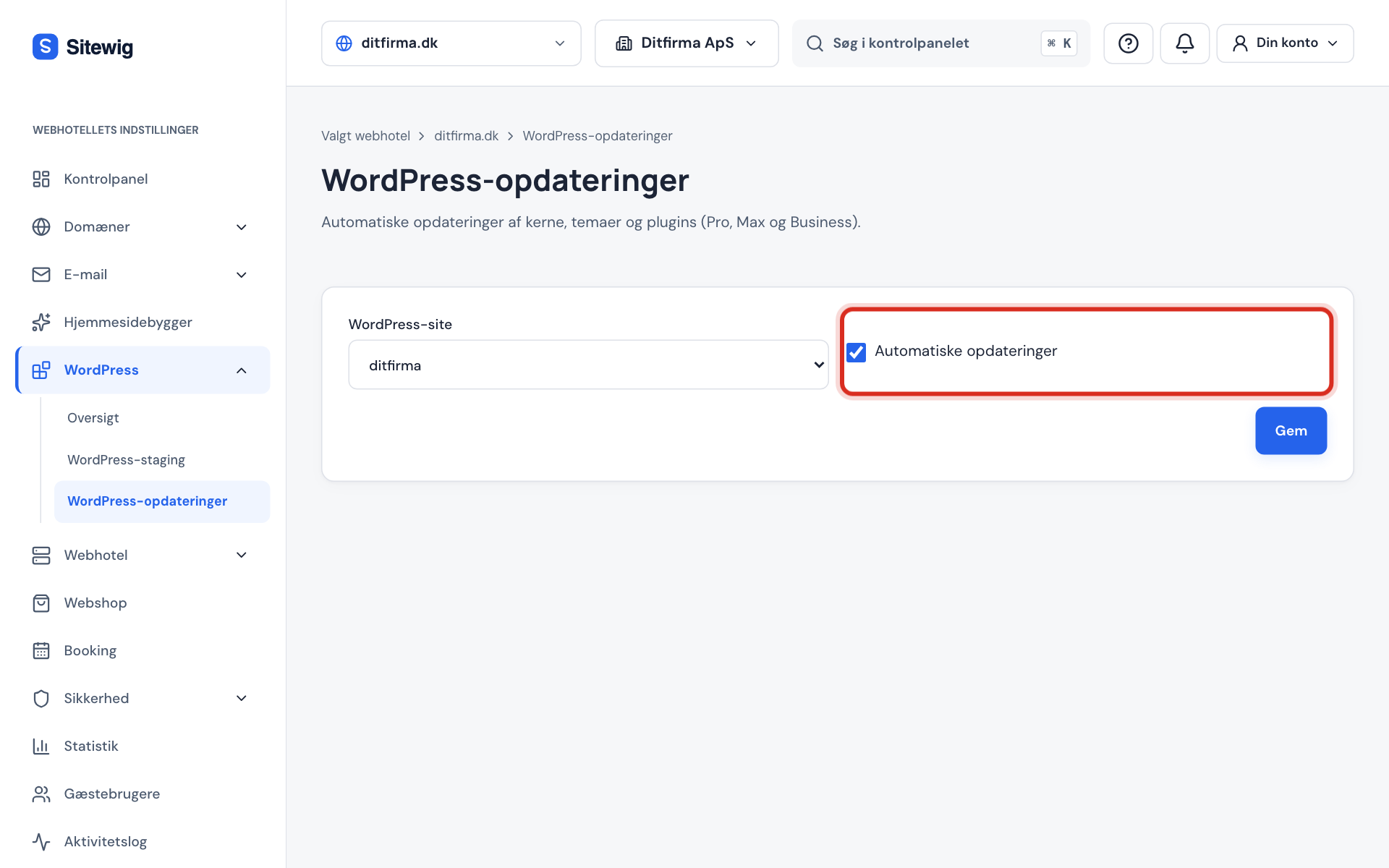 Siden WordPress-opdateringer med valg af WordPress-site og fluebenet Automatiske opdateringer markeret
