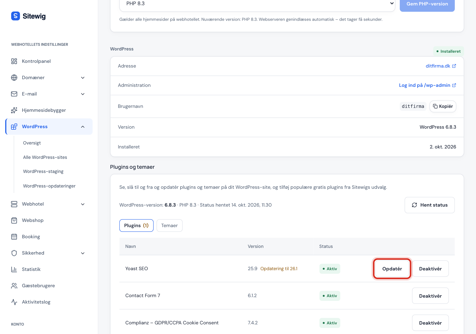Kortet Plugins og temaer med listen over plugins, deres status og knappen Opdatér alle markeret