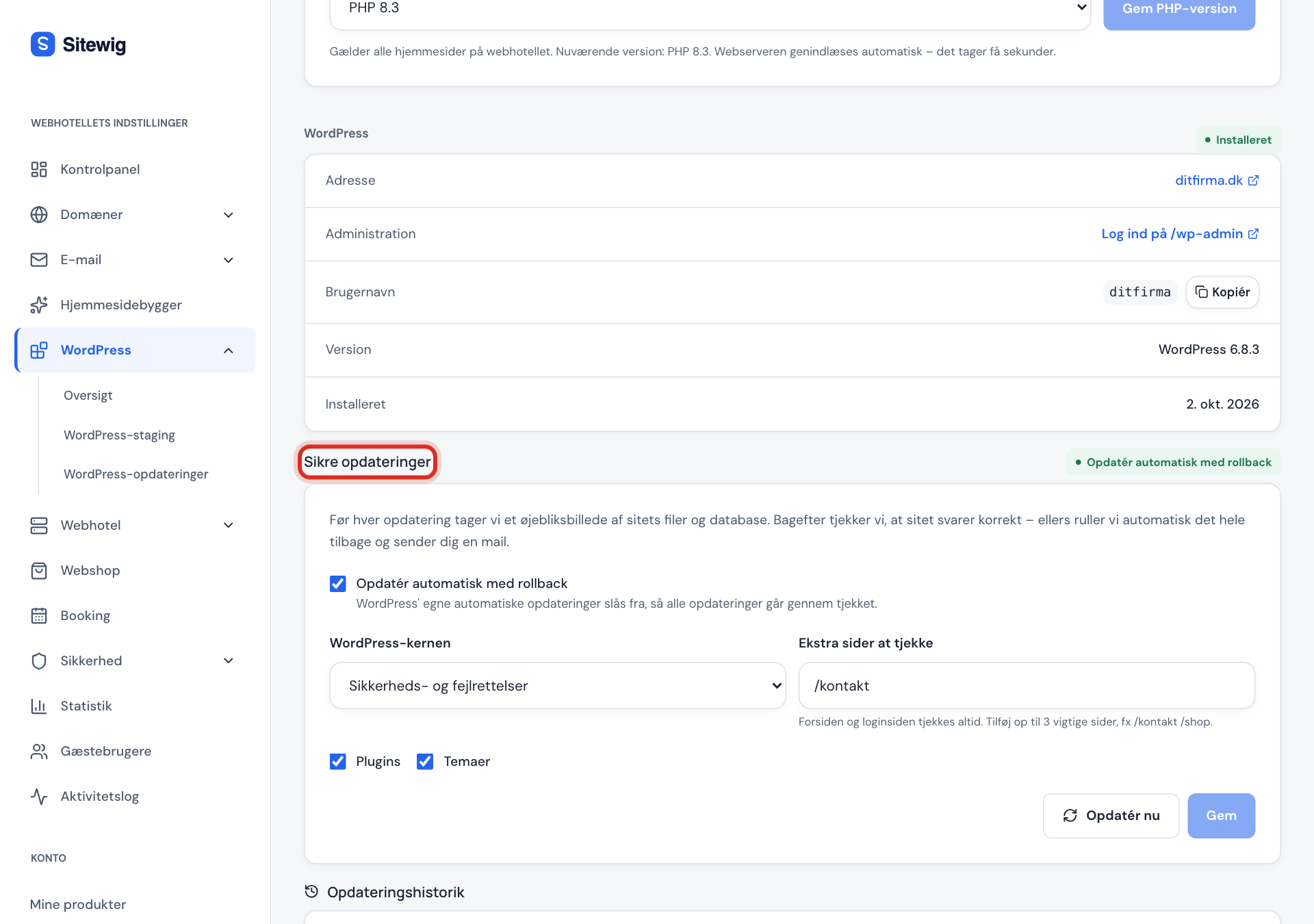 Kortet Sikre opdateringer med Opdatér automatisk med rollback, valg for WordPress-kernen, plugins og temaer samt opdateringshistorikken