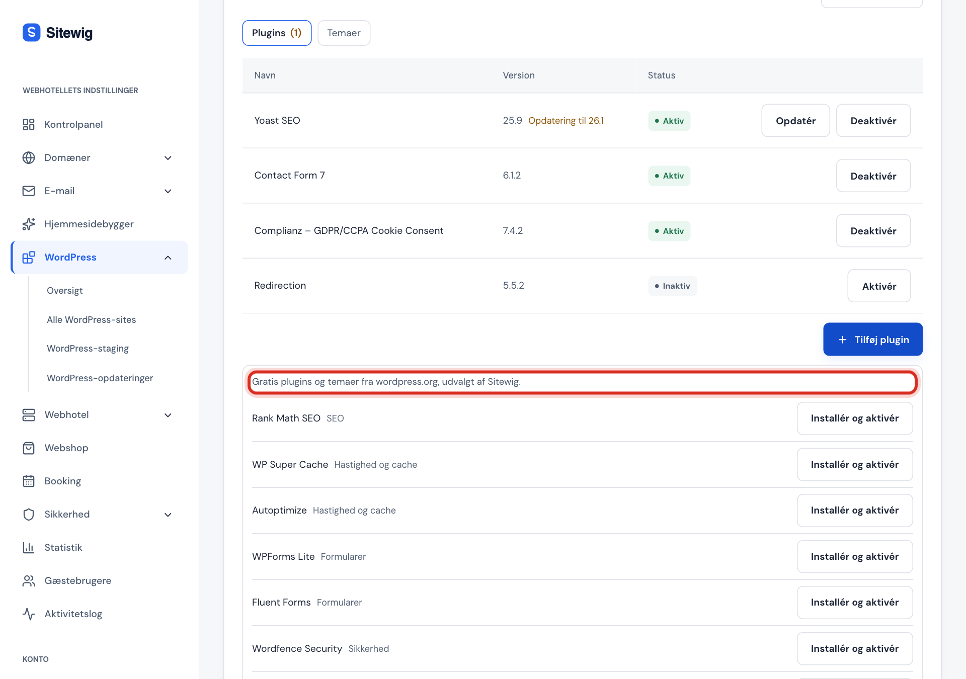 Sitewigs udvalg af gratis plugins efter klik på Tilføj plugin, opdelt i kategorier som SEO, Formularer, Sikkerhed og Webshop