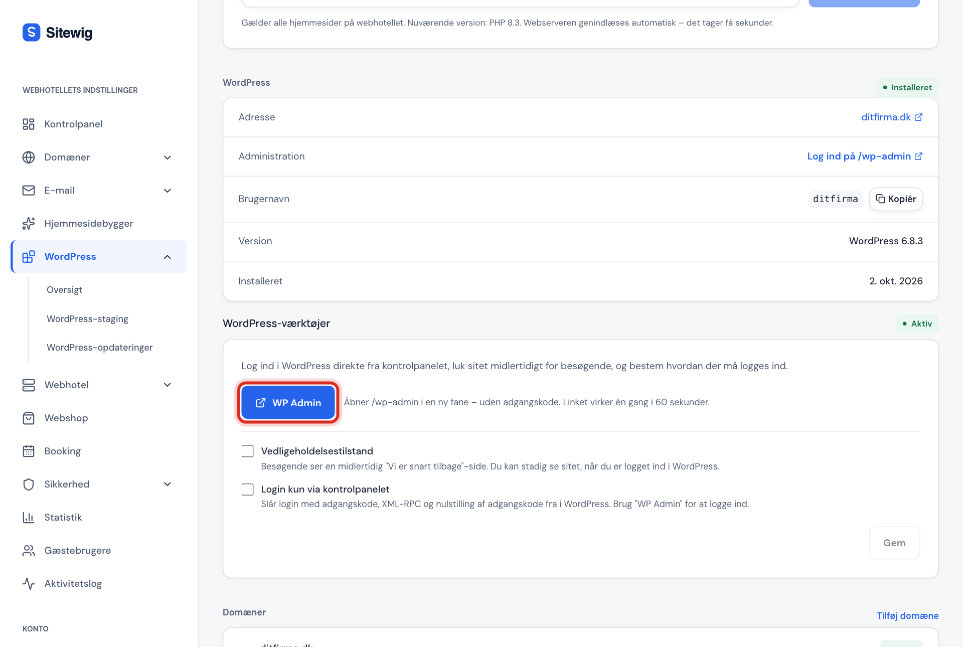 Kortet WordPress-værktøjer med knappen WP Admin markeret og kontakterne Vedligeholdelsestilstand og Login kun via kontrolpanelet